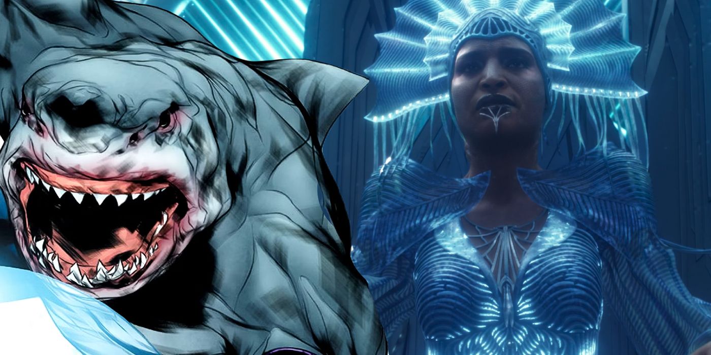 Split image of Indya Moore as Karshon in Aquaman and the Lost Kingdom and Karshon from DC Comics