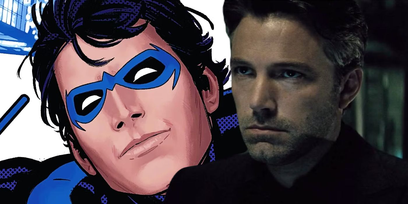 Split image of Nightwing from the comics looking happy and Ben Affleck's Bruce Wayne looking serious