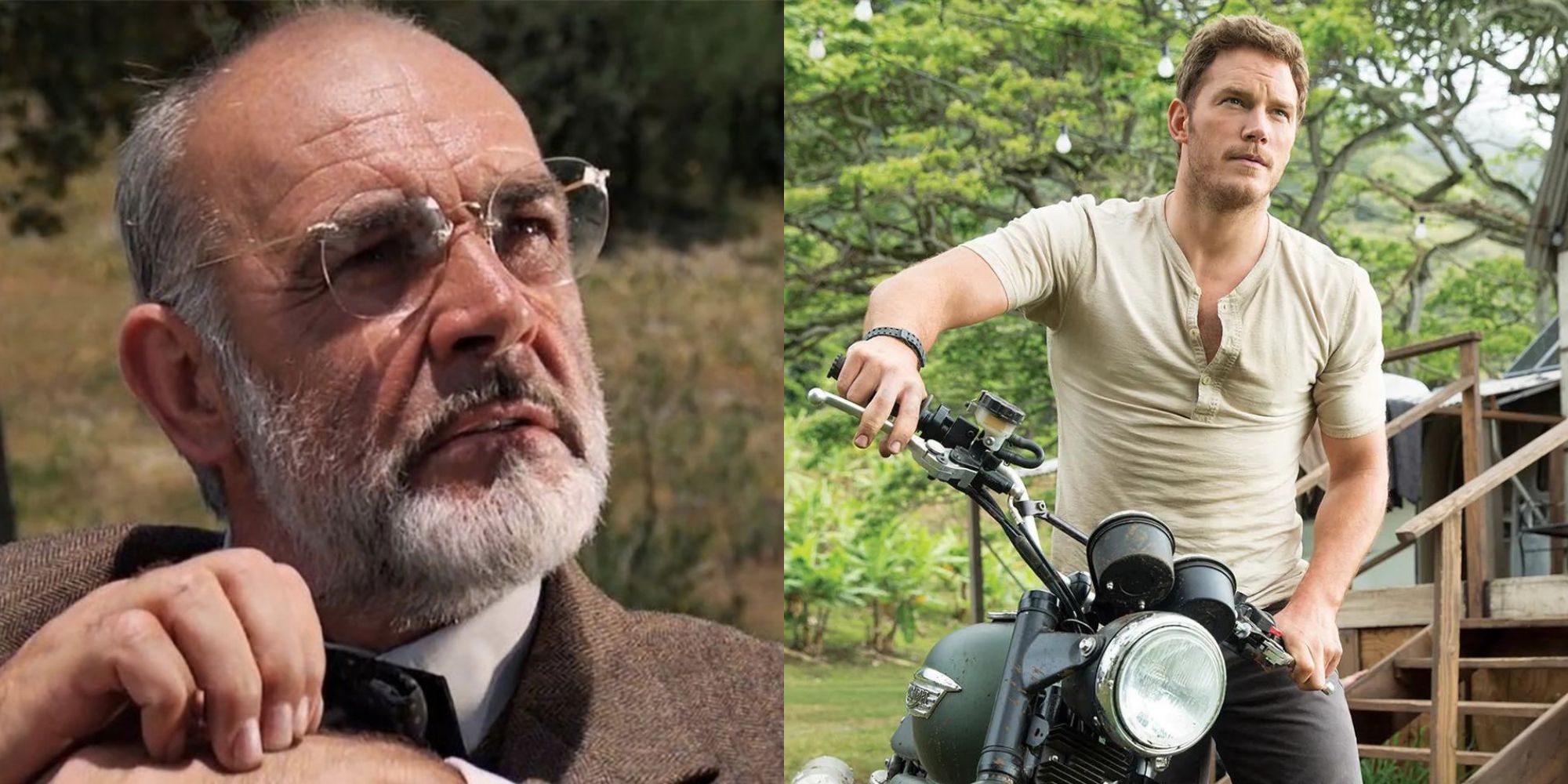 Imagem dividida de Sean Connery em Indian Jones e Christ Pratt em Jurassic World