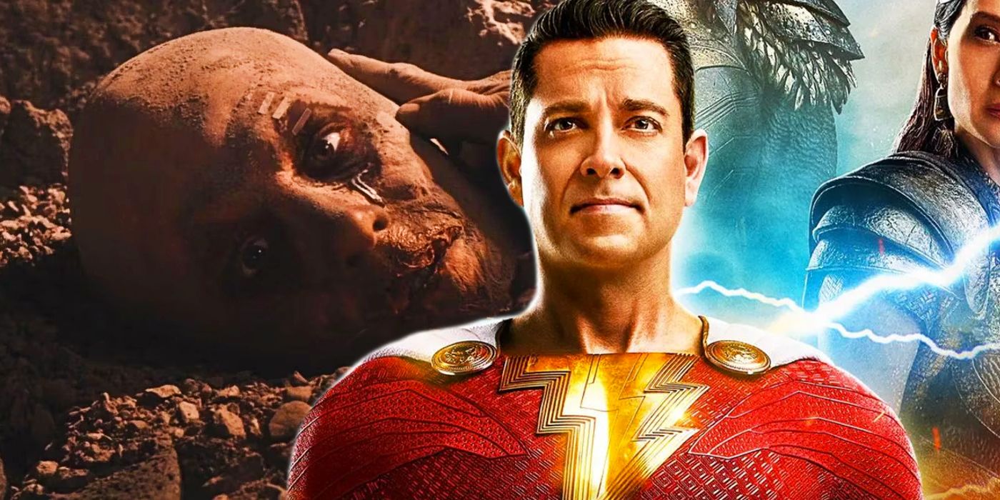 Split image of Shazam 2 poster and Deadpool head in X-Men Origins Wolverine