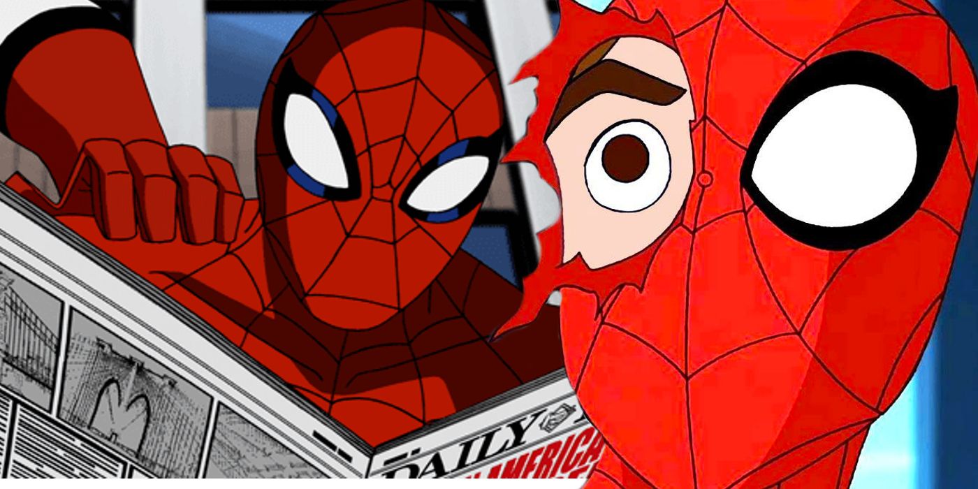 Split image of Spider-Man in Spectacular Spider-Man and Spider-Man in Avengers Earth's Mightiest Heroes