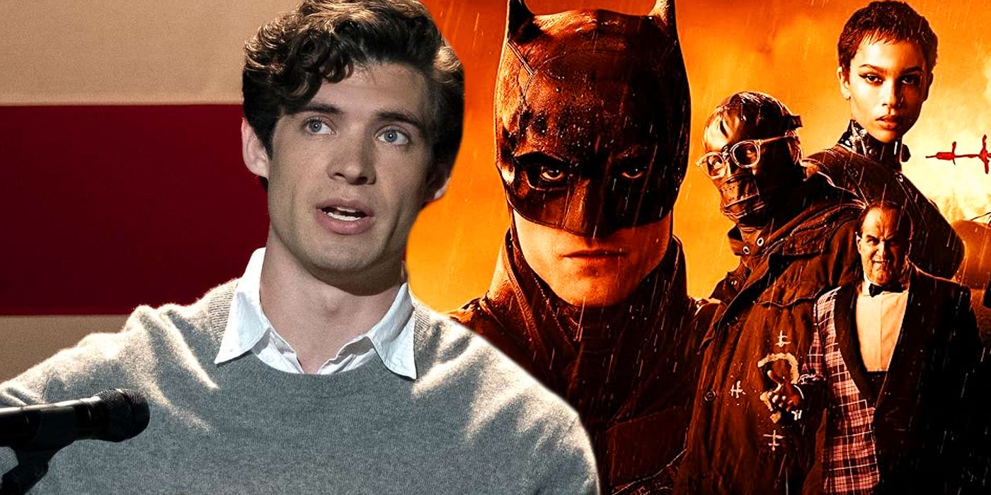 Split image of The Batman poster and David Corenswet