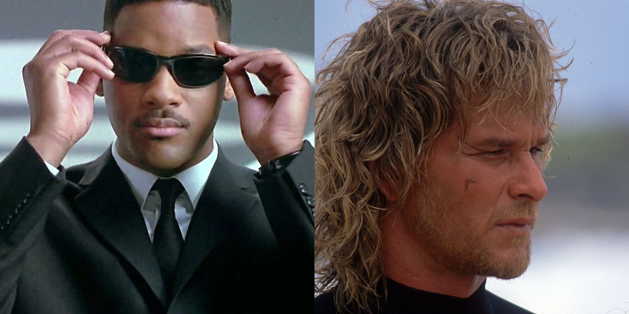 Imagem dividida de Will Smith em Men in Black e Patrick Swayze em Point Break