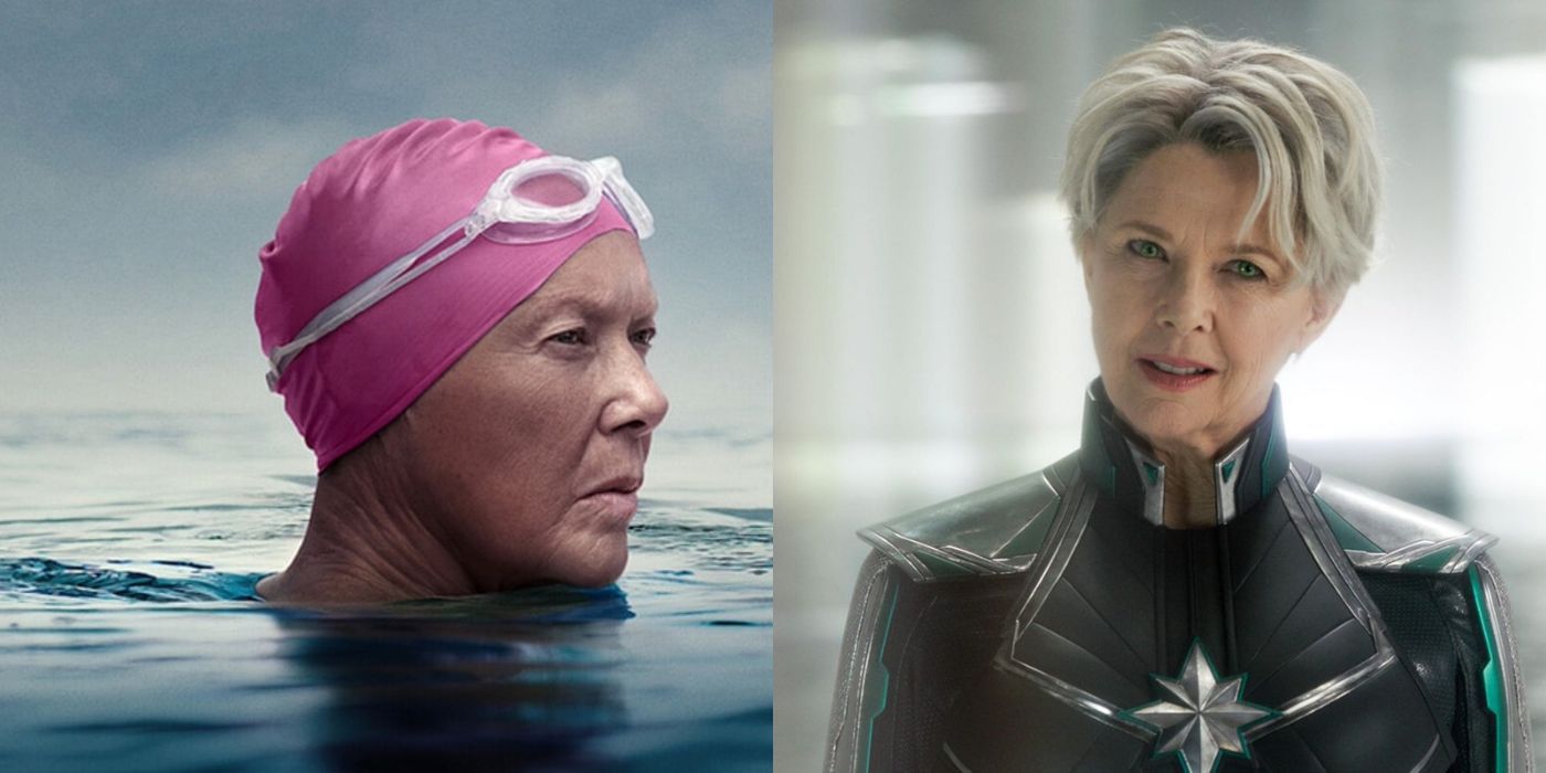 Split images of Annette Bening submerged in water in Nyad and Annette Bening smiling in Captain Marvel