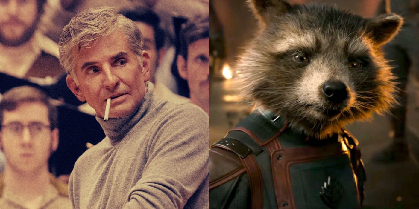 Split images of Bradley Cooper looking sideways with a cigarette in mouth in Maestro and Rocket Raccoon appearing concerned in Guardians of the Galaxy Vol. 3