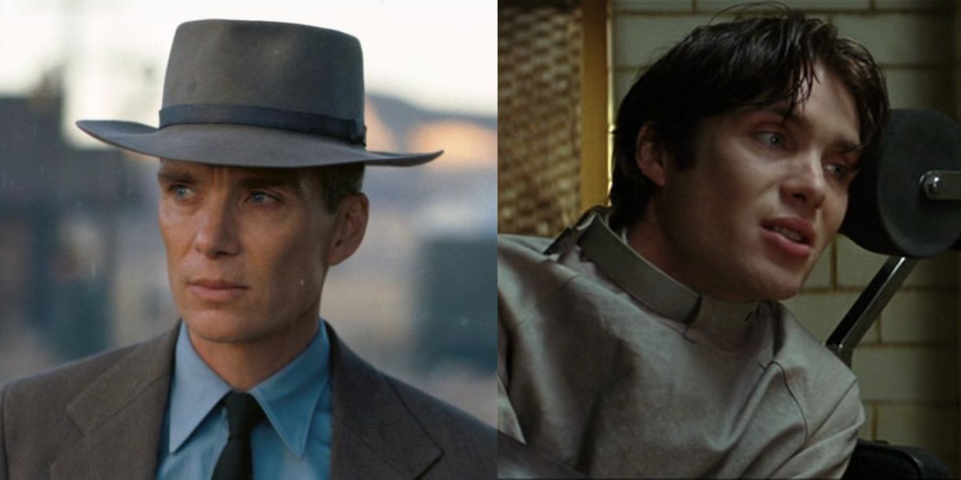 Split images of Cillian Murphy looking sideways in Oppenheimer and Cillian Murphy staring lamentfully in a straitjacket in Batman Begins