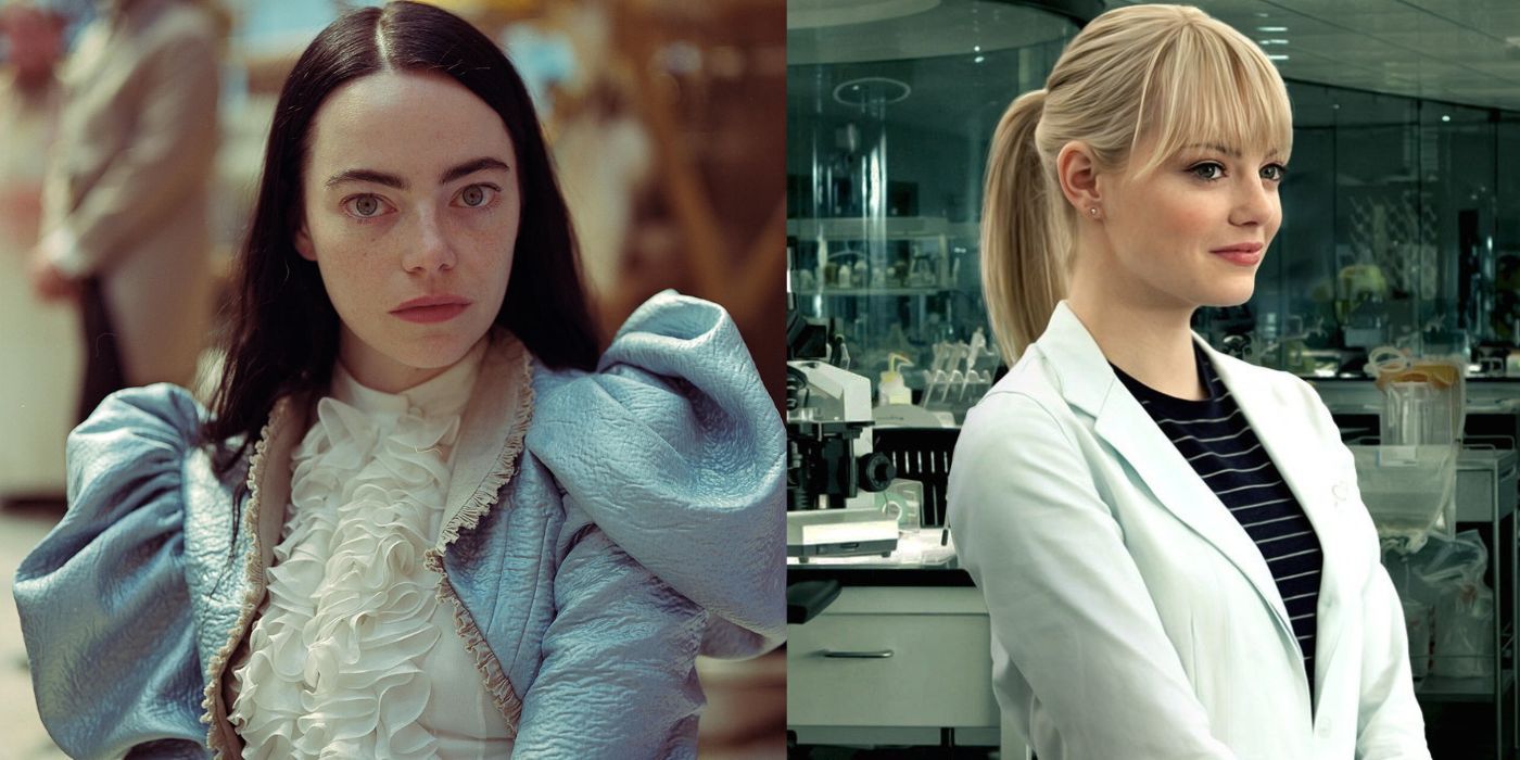 Split images of Emma Stone staring in Poor Things and Emma Stone looking sideways in The Amazing Spider-Man 2