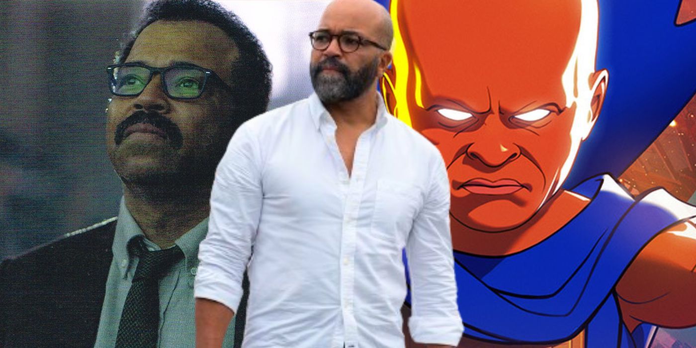 Split images of Jeffrey Wright looking sideways in The Batman and American Fiction and a still from Marvel's What If featuring The Watcher staring intensely