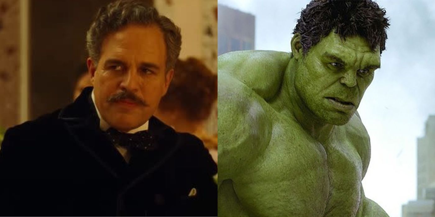 Split images of Mark Ruffalo looking sideways in Poor Things and The Avengers