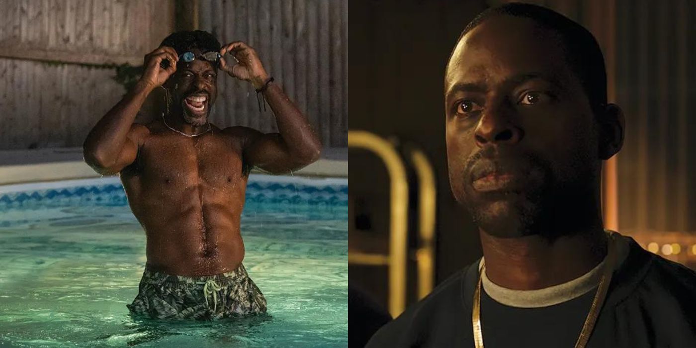 Split images of Sterling K Brown in a swimming pool in American Fiction and Sterling K Brown looking sideways in Black Panther 