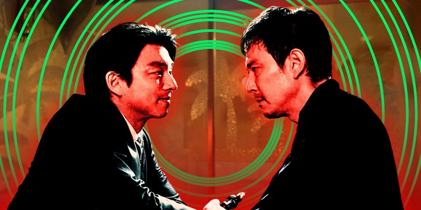 Lee Jung-jae as Gi-hun and Gong Yoo as the Salesman looking at each other in Squid Game 2