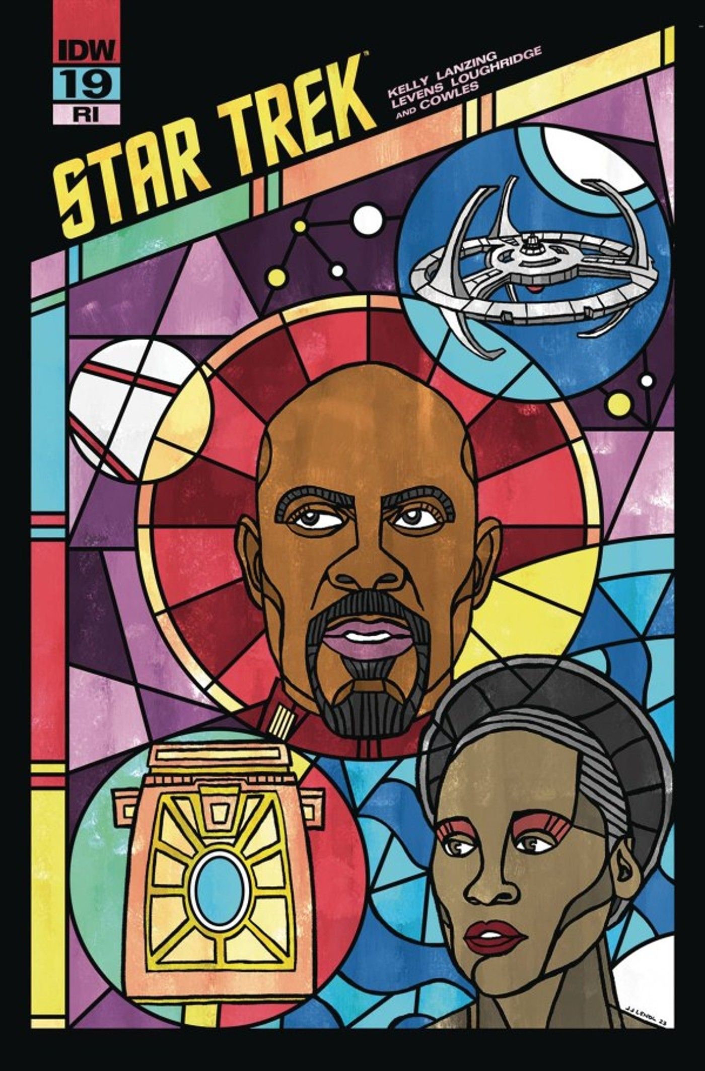 Imagem com imagens em vitrais de Sisko, Deep Space Nine e a mãe de Sisko.