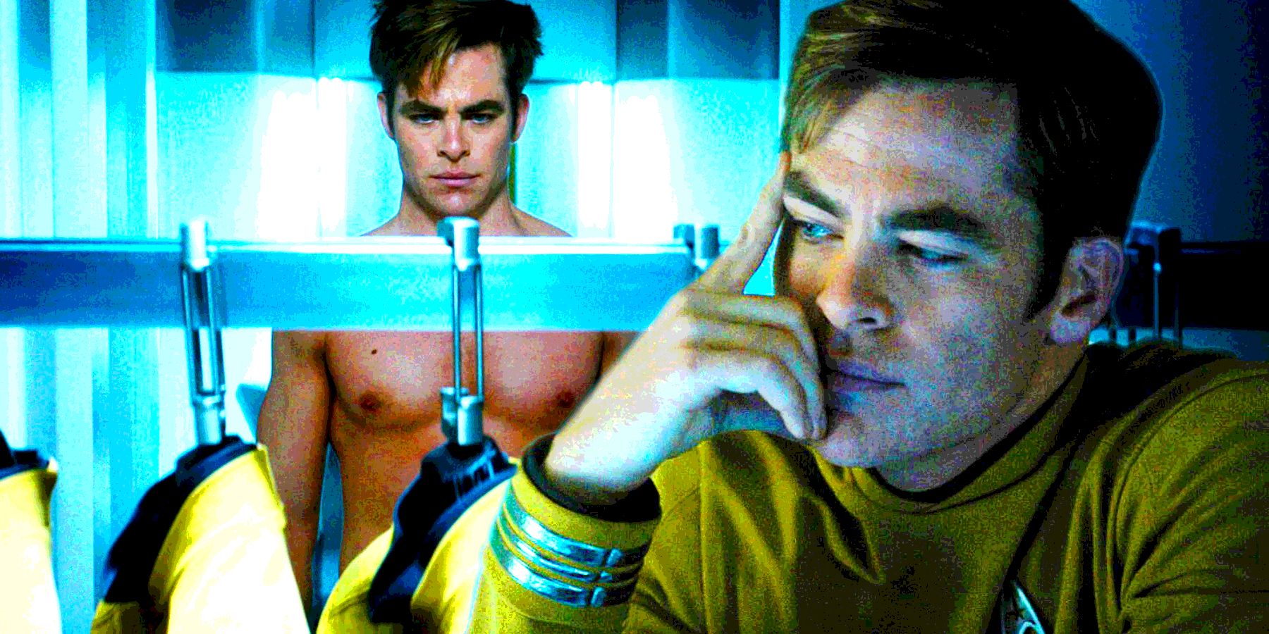 Kirk looks at a wardrobe full of yellow uniforms