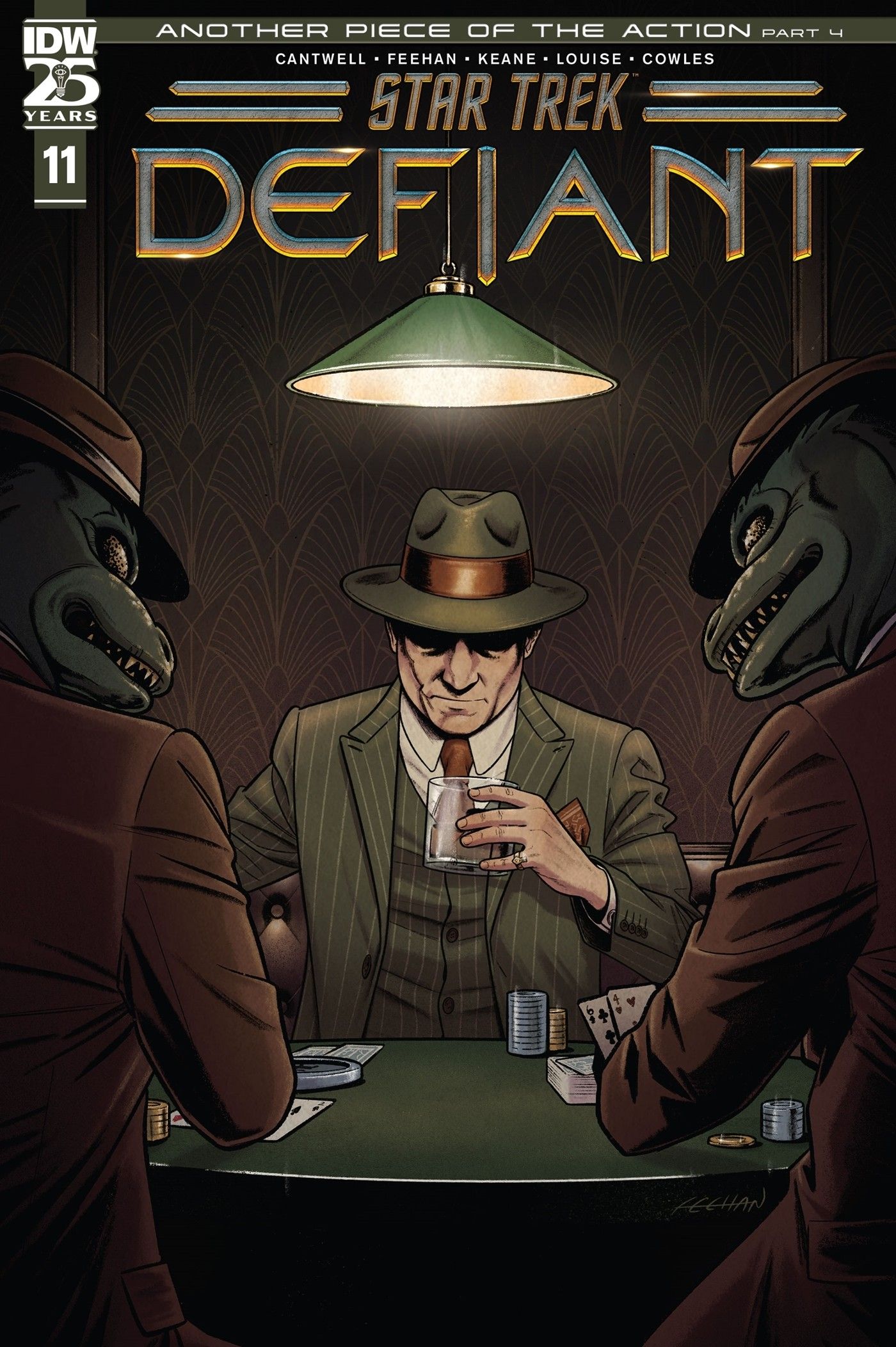 Image of two Gorns in pin-stripe suits playing poker with a human gangster.
