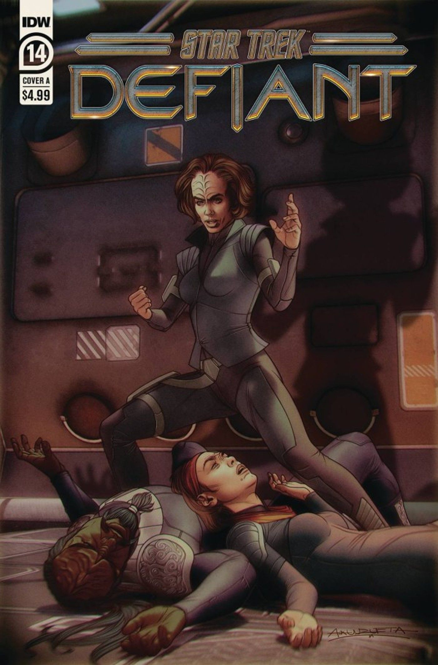Image of B'Lanna Torres standing over Worf and Ro Laren.