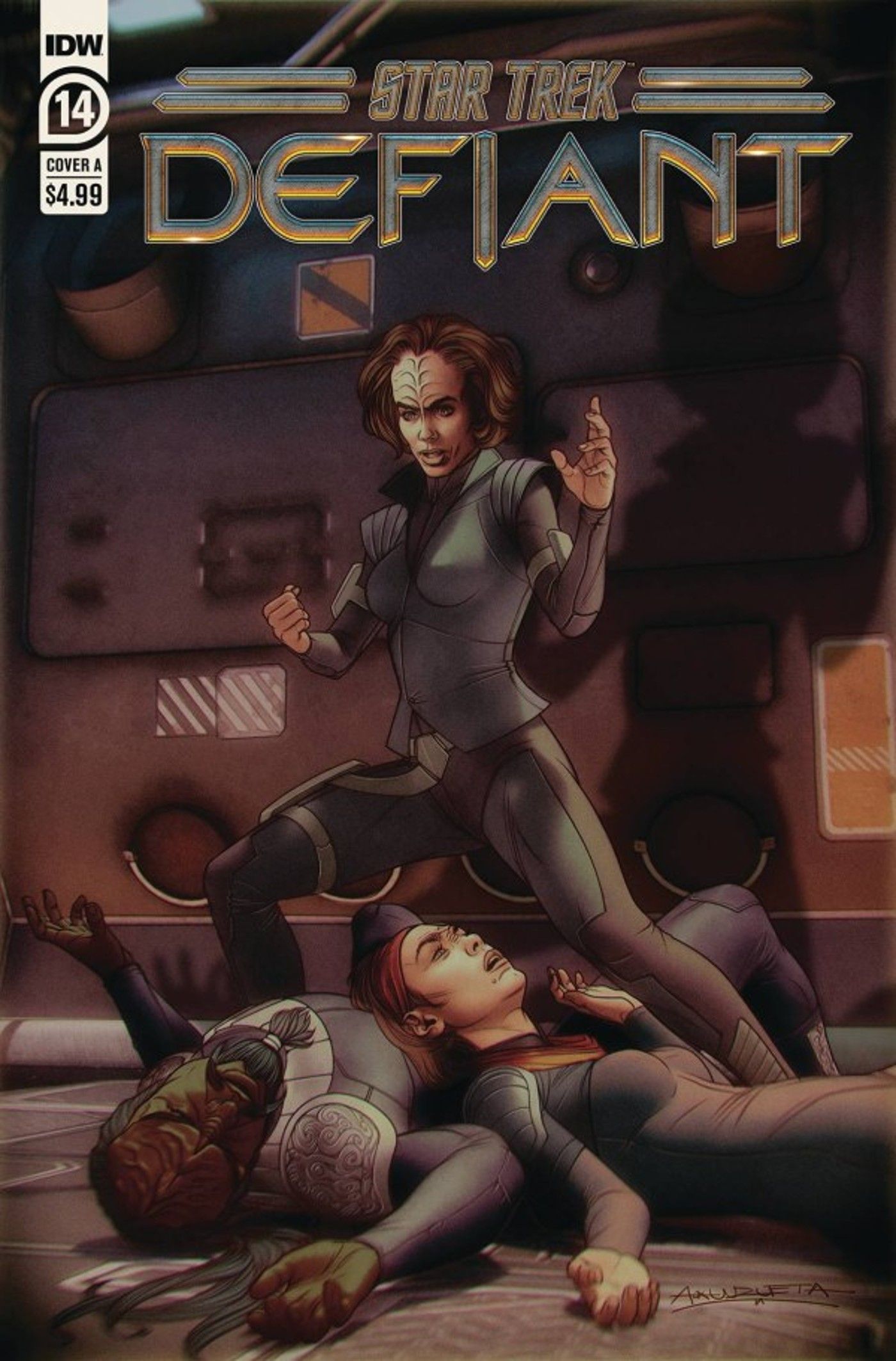 Imagem de B'Lanna Torres em pé sobre Worf e Ro Laren.