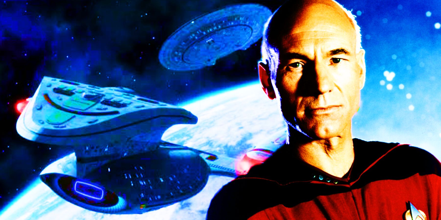 The Enterprise separating next to a picture of Captain Picard