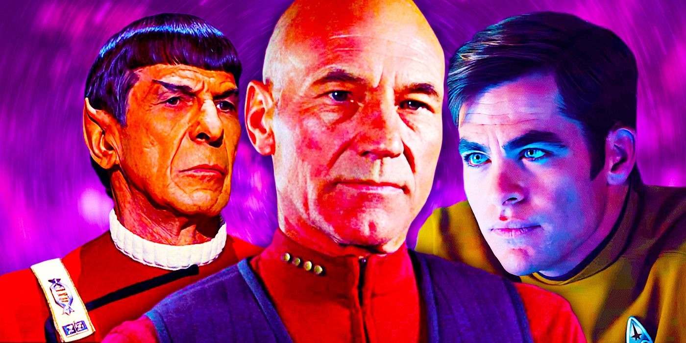 Leonard Nimoy as Spock, Patrick Stewart as Captain Picard, Chris Pine as Captain Kirk