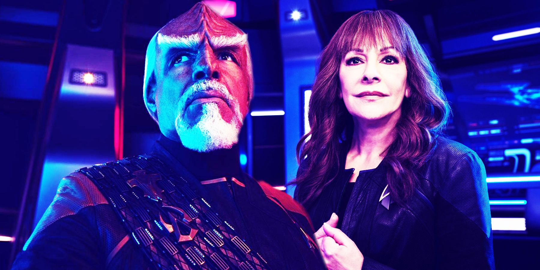 Michael Dorn as Worf and Marina Sirtis as Troi