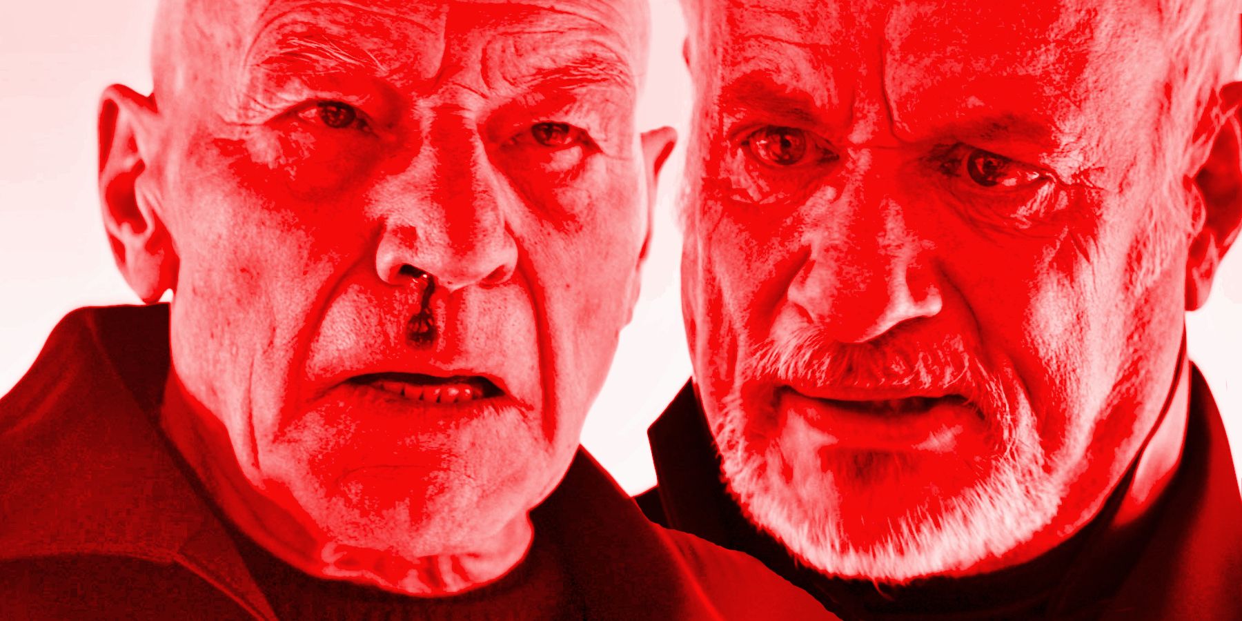 Picard with a bloodied nose and an angry Q