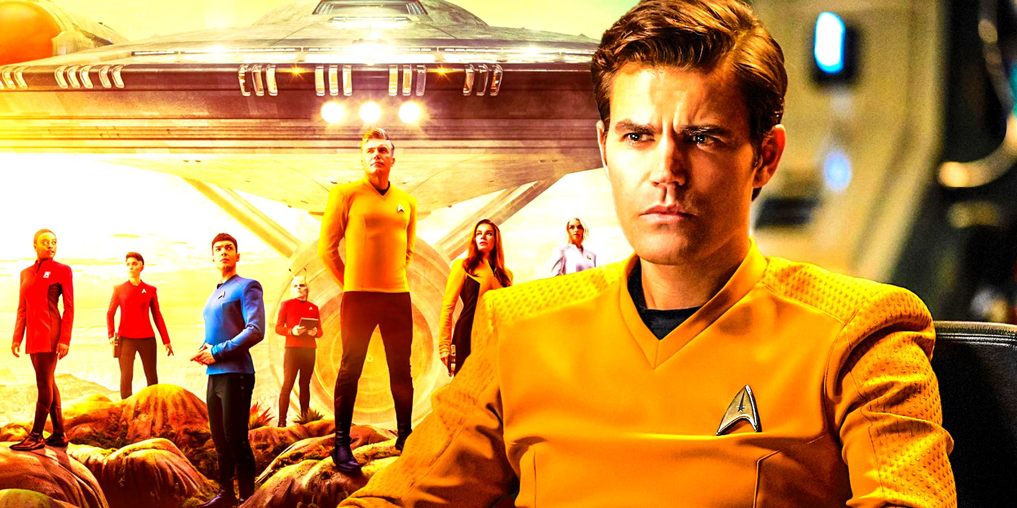 Paul Wesley as Captain James T. Kirk and the cast of Star Trek: Strange New Worlds