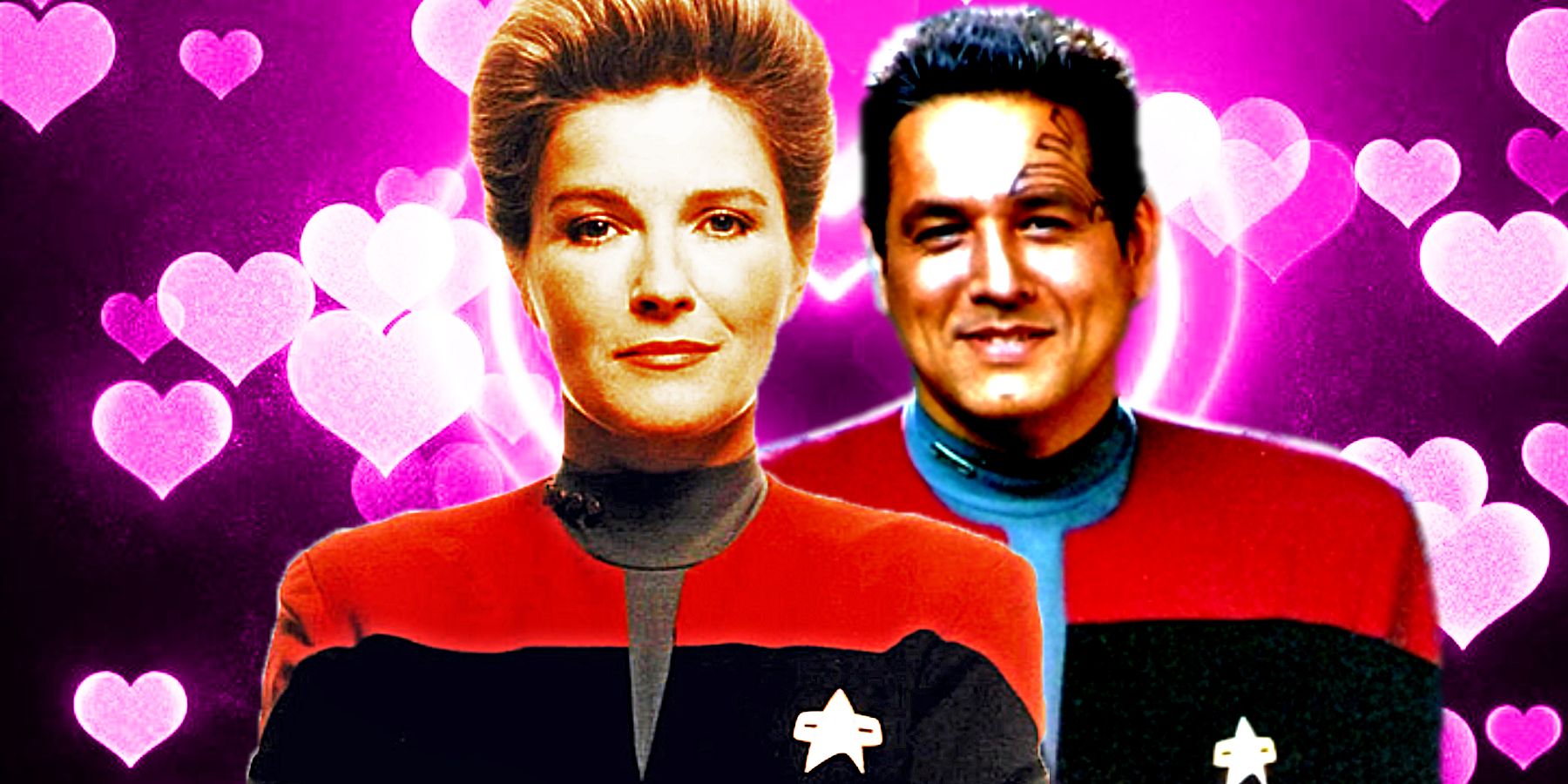 Janeway and Chakotay against a pink background of hearts
