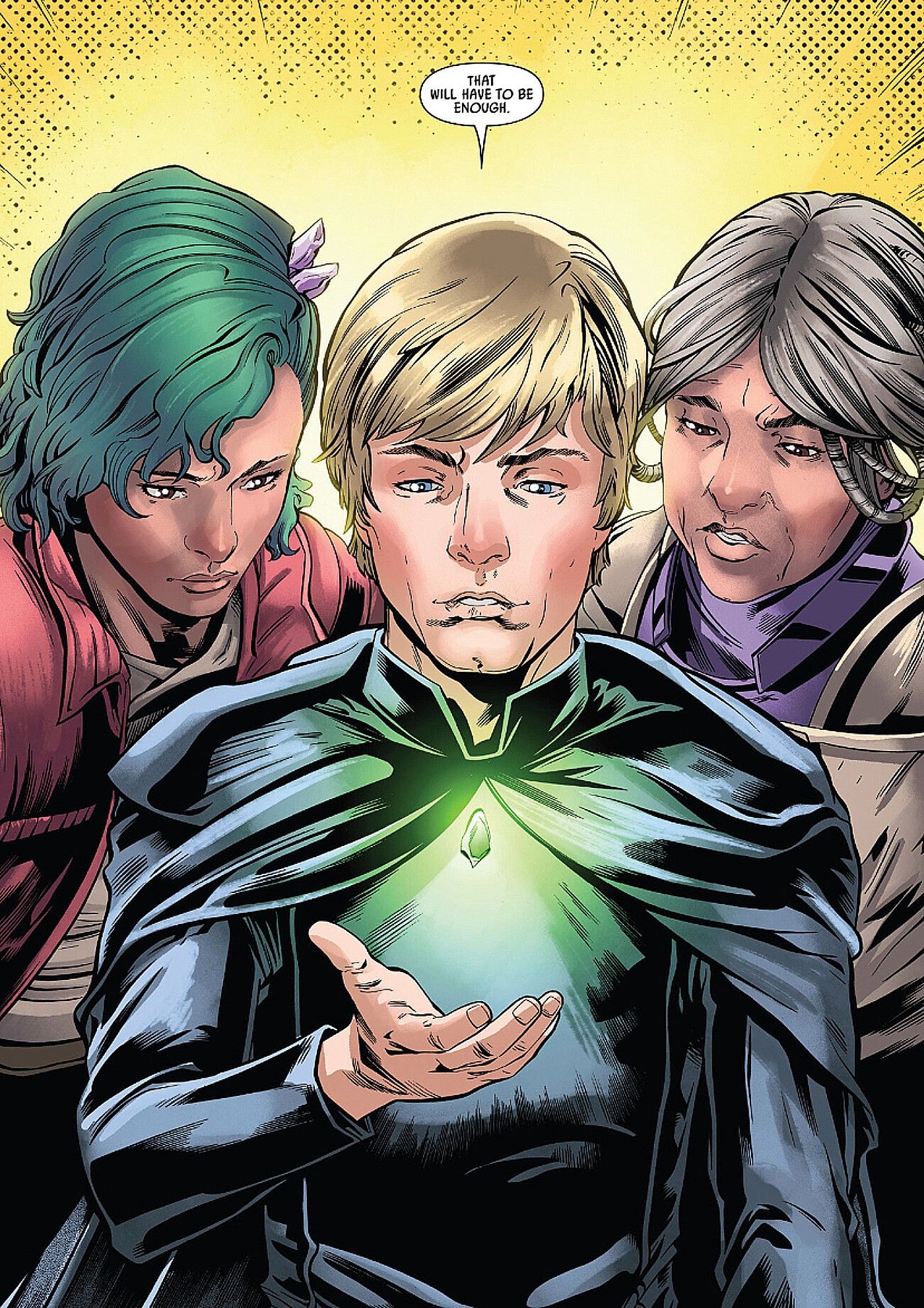 Star Wars #43 final page, Luke with his Fallanassi allies holding the green Kyber crystal