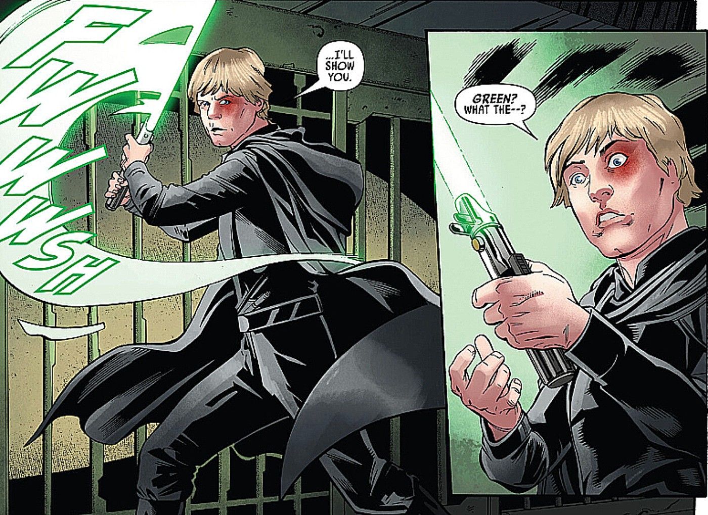 Star Wars #43, Luke Skywalker is surprised when his saber ignites with a green blade