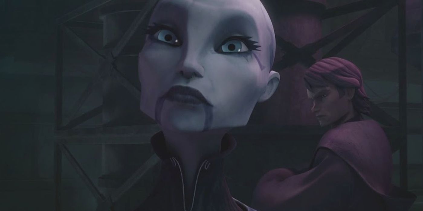 Asajj Ventress in the background look up and Anakin Skywalker the background angrily