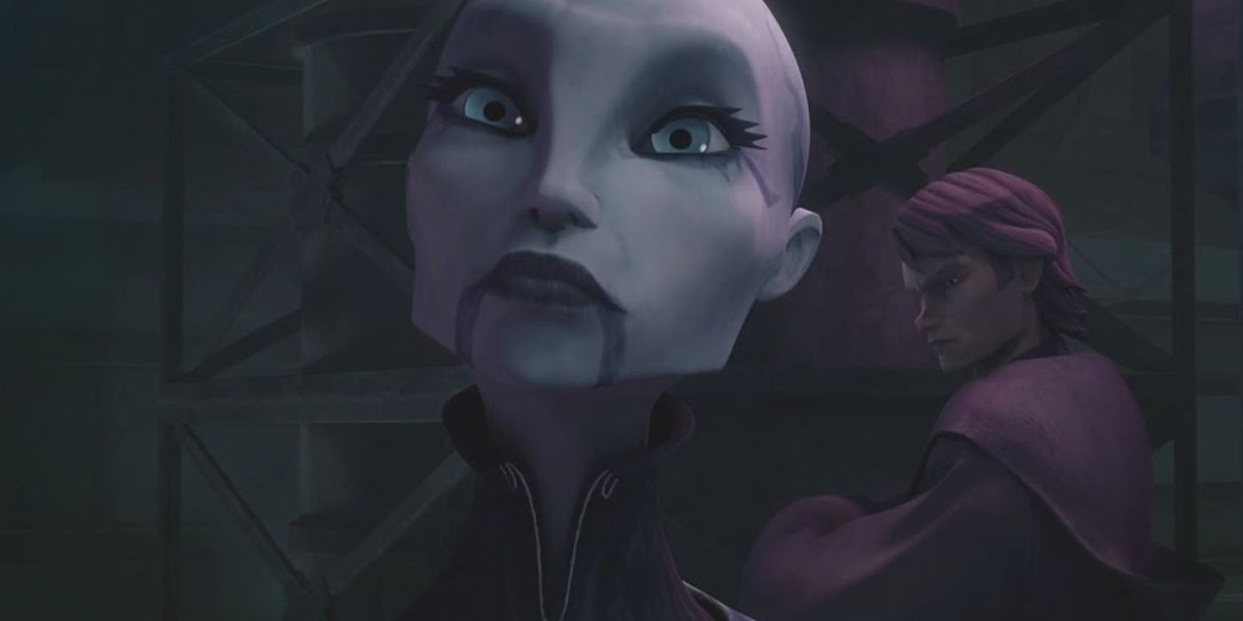 Asajj Ventress ao fundo olha para cima e Anakin Skywalker ao fundo com raiva