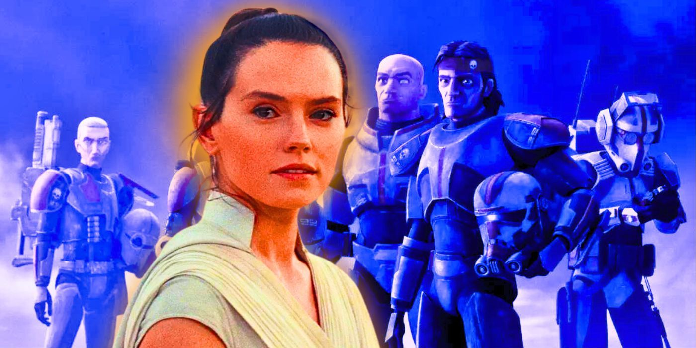 Rey Skywalker looks hopeful at the end of The Rise of Skywalker, superimposed over Clone Force 99 in The Bad Batch