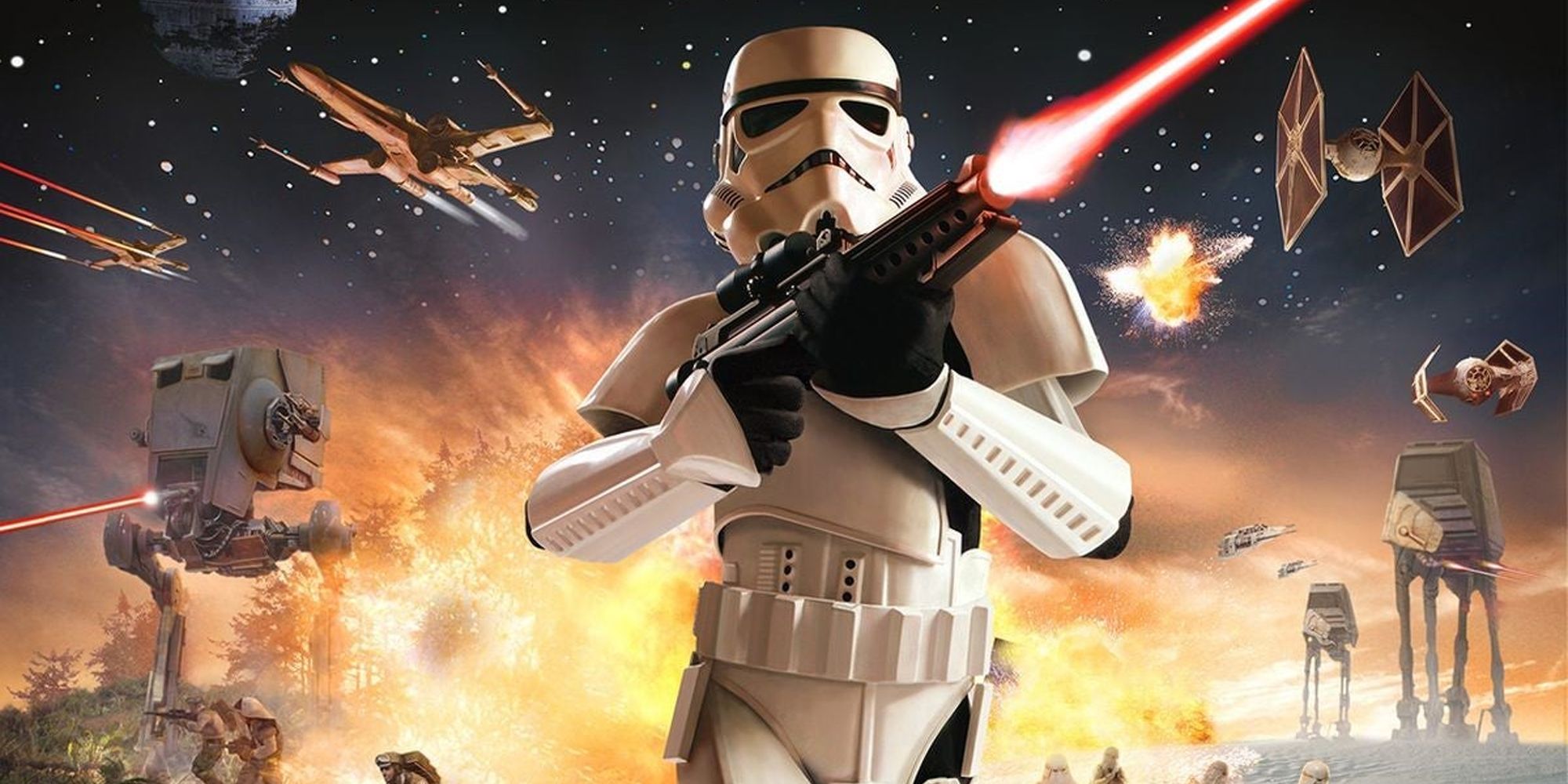 A Stormtrooper firing his blaster in the middle of a galactic space battle
