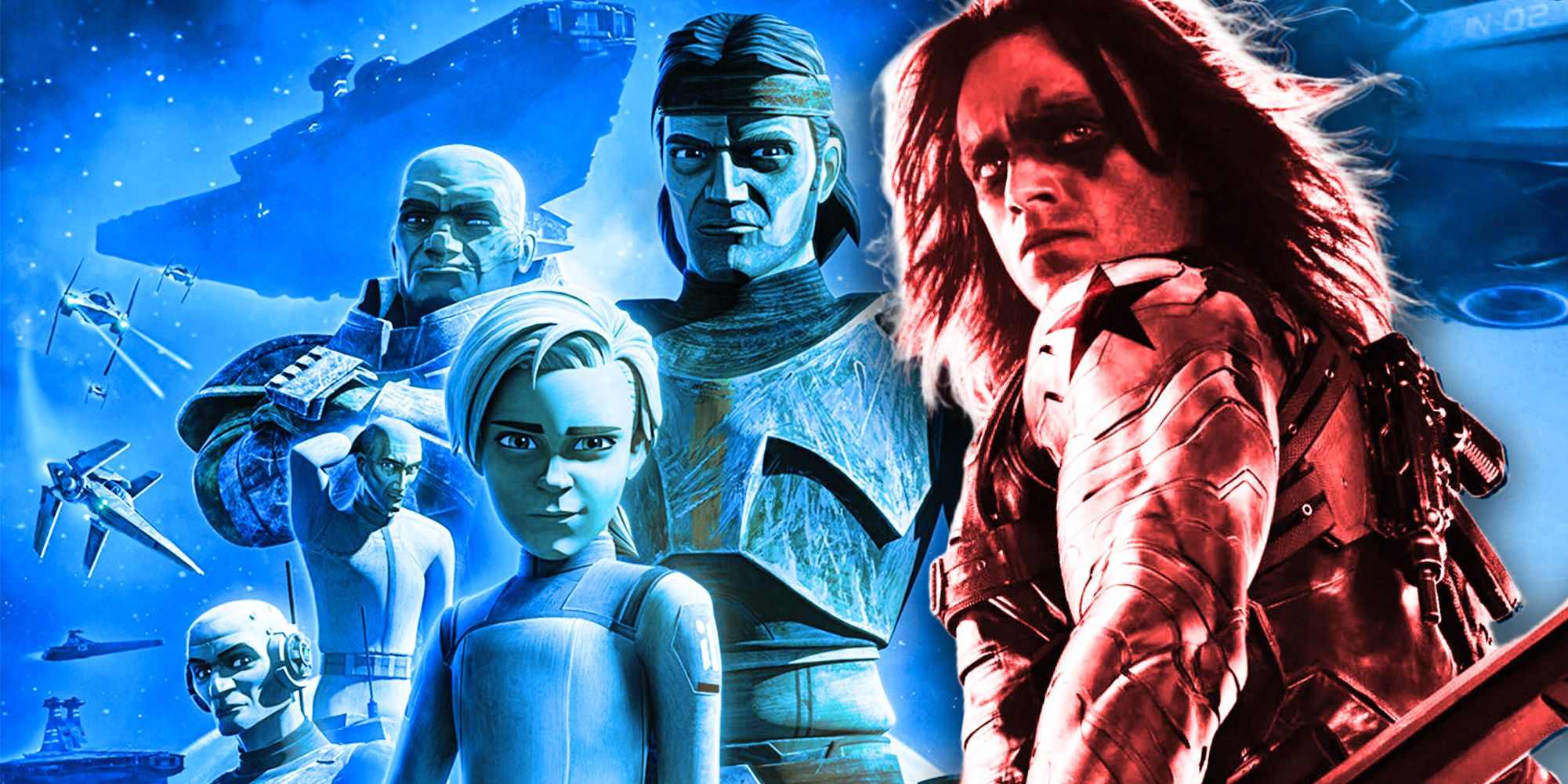 Hunter, Omega, Crosshair, Wrecker, and Echo superimposed alongside Bucky Barnes as the Winter Soldier