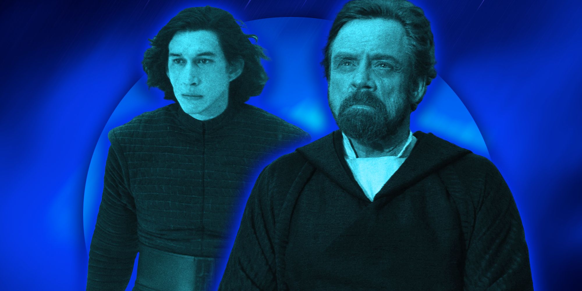 Kylo Ren and Luke Skywalker face each other at the end of The Last Jedi, edited in cyan over a blue background