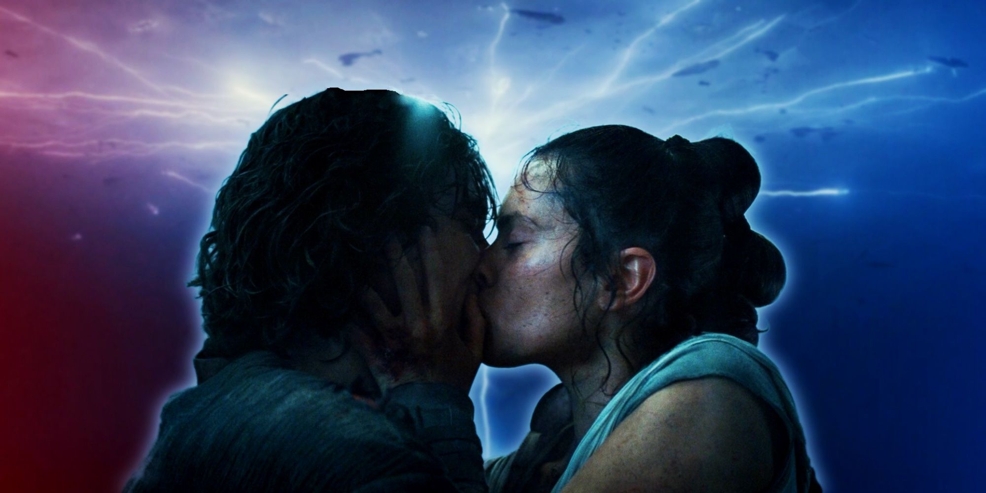Rey and Ben Solo kissing representing the Force dyad in The Rise of Skywalker