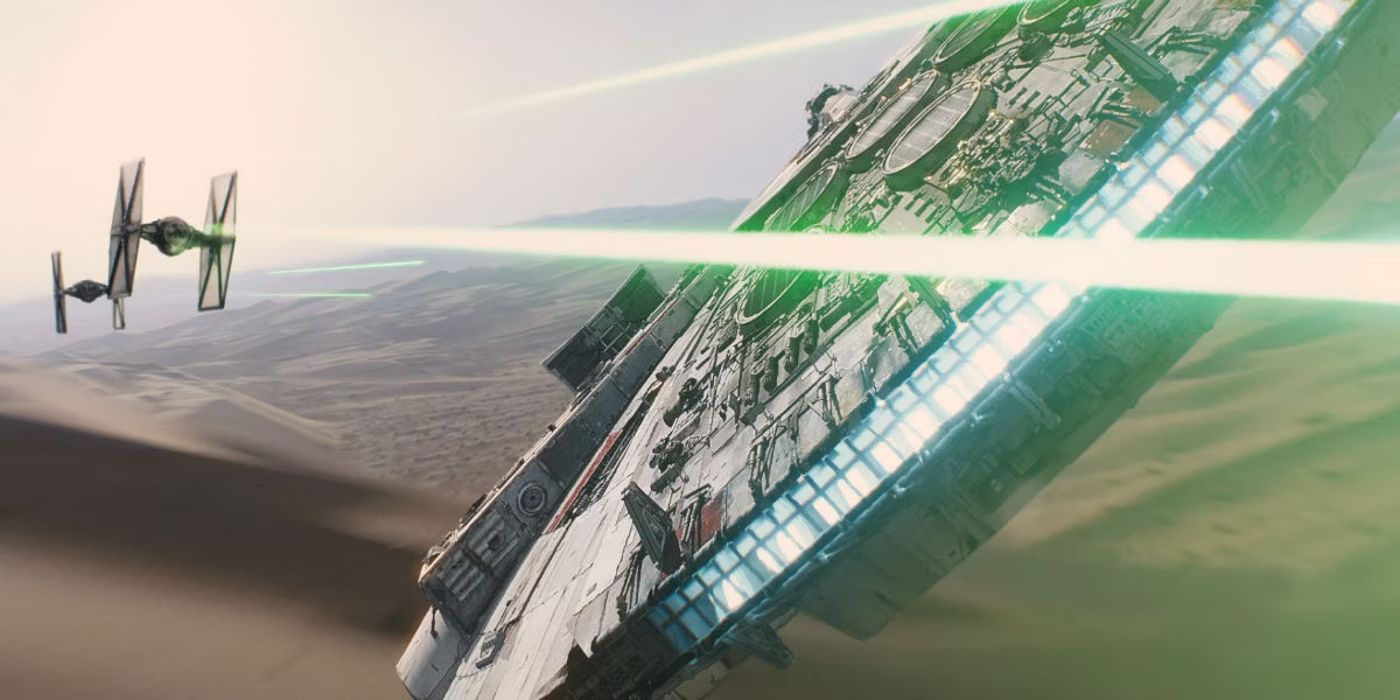 Star Wars The Force Awakens Trailer showing the Millennium Falcon evading TIE fighters' blaster bolts