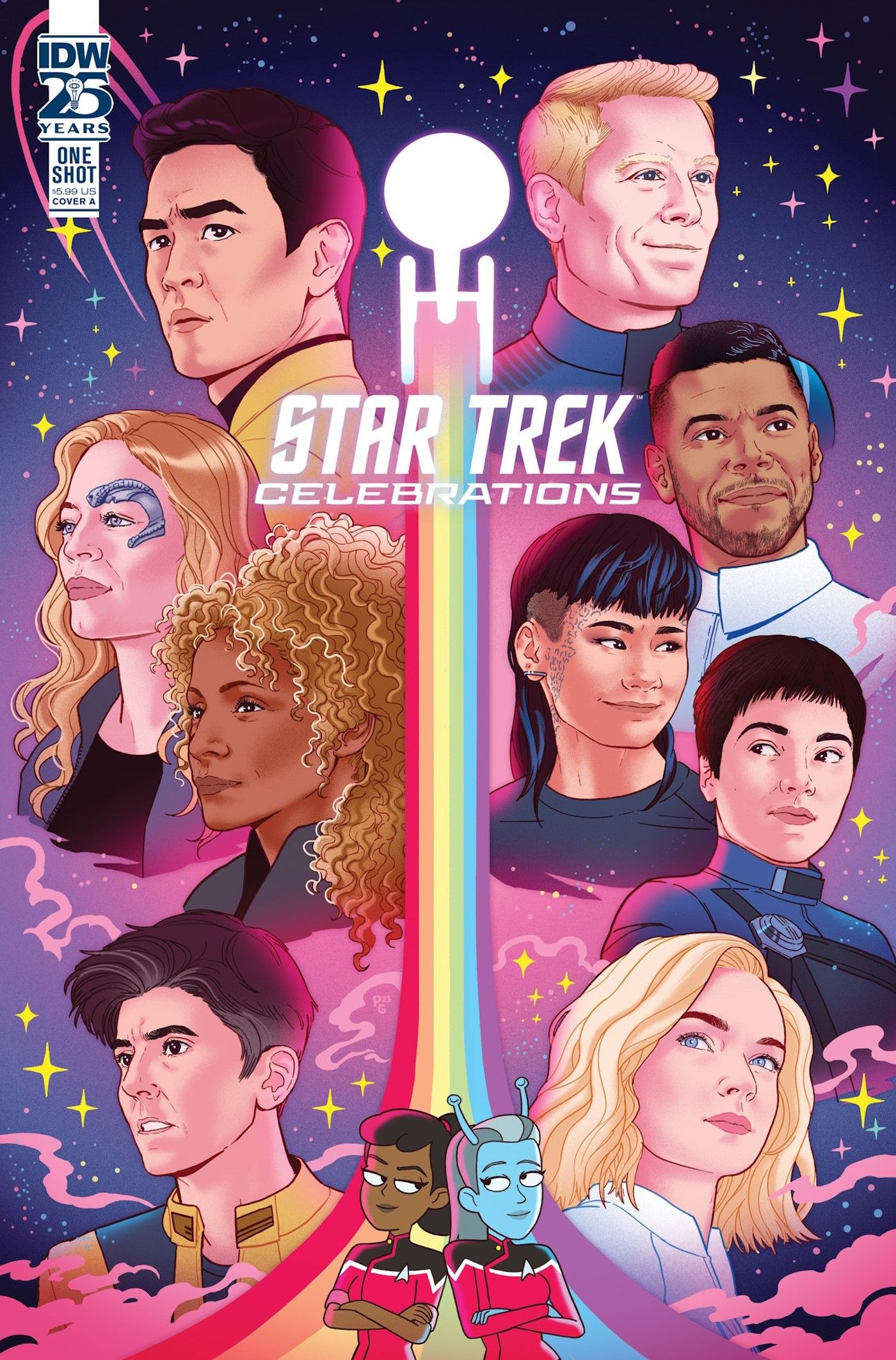 Arte apresentando os vários personagens LGBTQIA+ de Star Trek, incluindo Seven of Nine, Rafifi e Paul Stamets