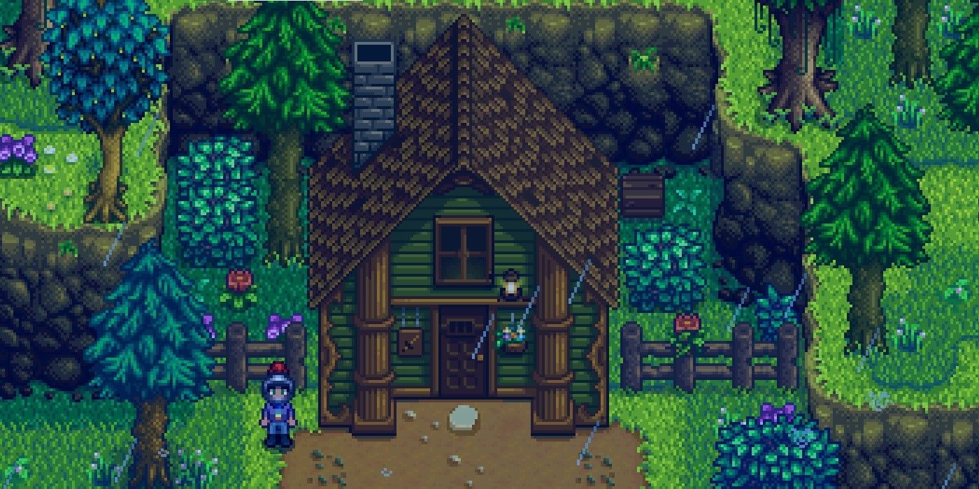 O fazendeiro ao lado da Guilda dos Aventureiros em Stardew Valley.