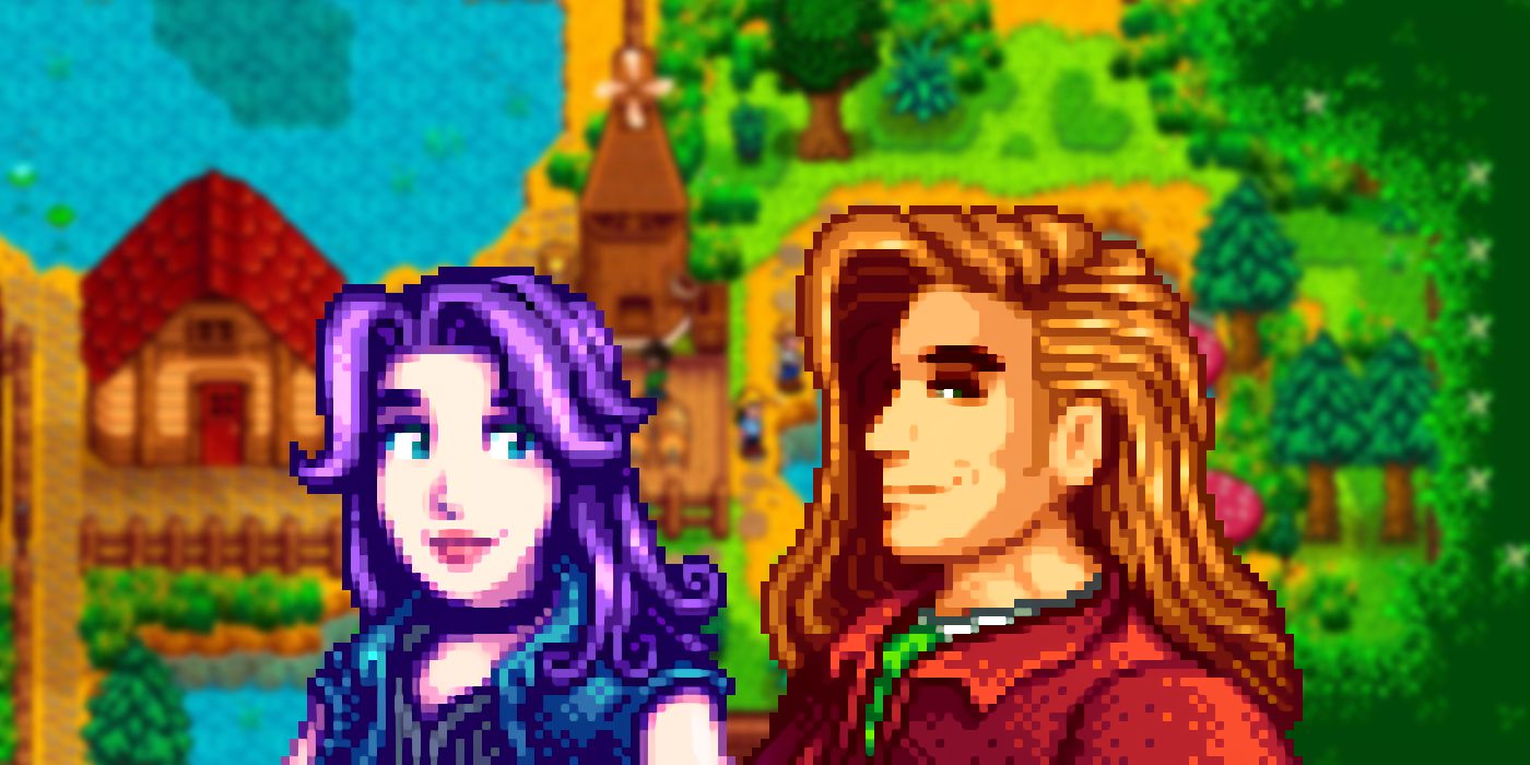 Pixel art portraits of Abigail and Elliott from Stardew Valley, in front of a blurred screenshot of a farm in-game.