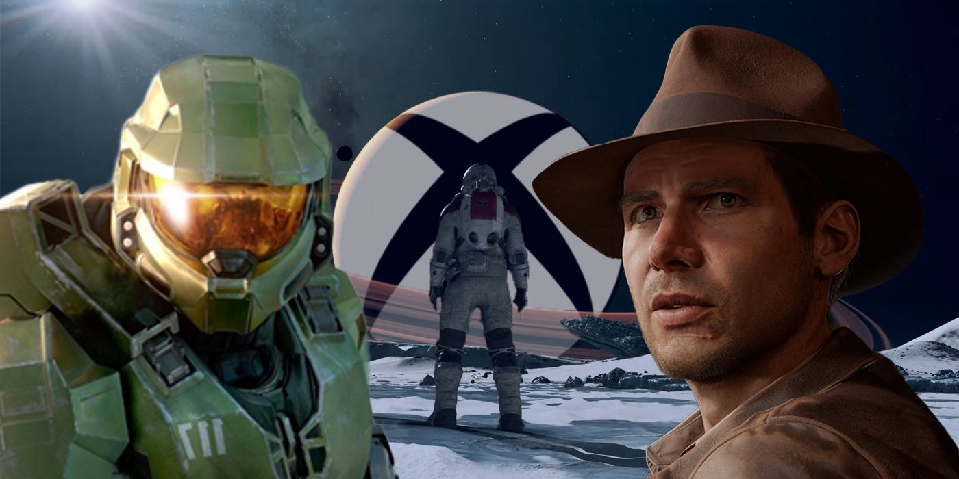 Master Chief and Indiana Jones with an astronaut from Starfield on a planet looking at an Xbox logo