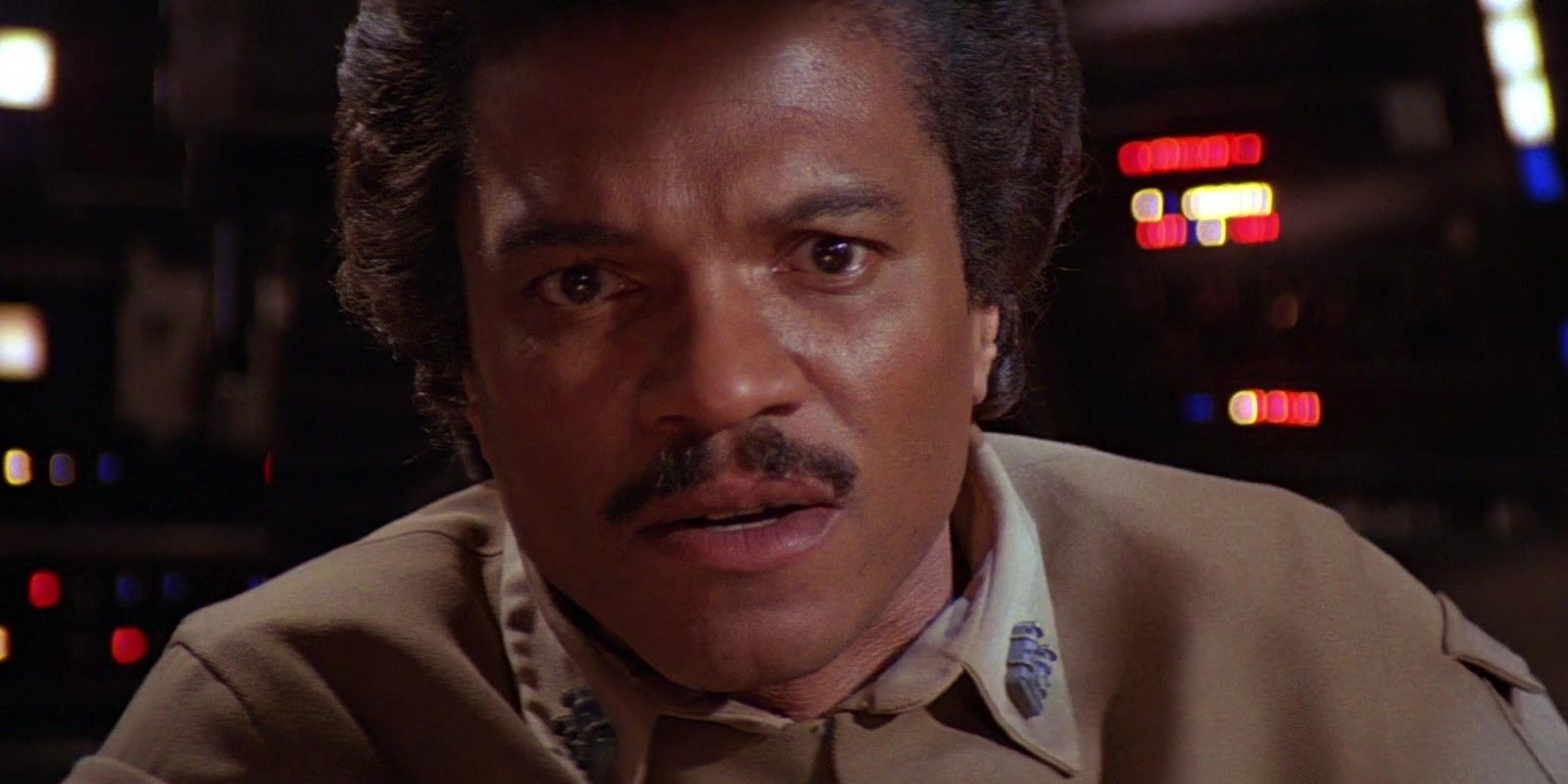 Lando Calrissian (Billy Dee Williams) in the cockpit of the Millennium Falcon during the Battle of Endor in Star Wars: Episode VI - Return of the Jedi