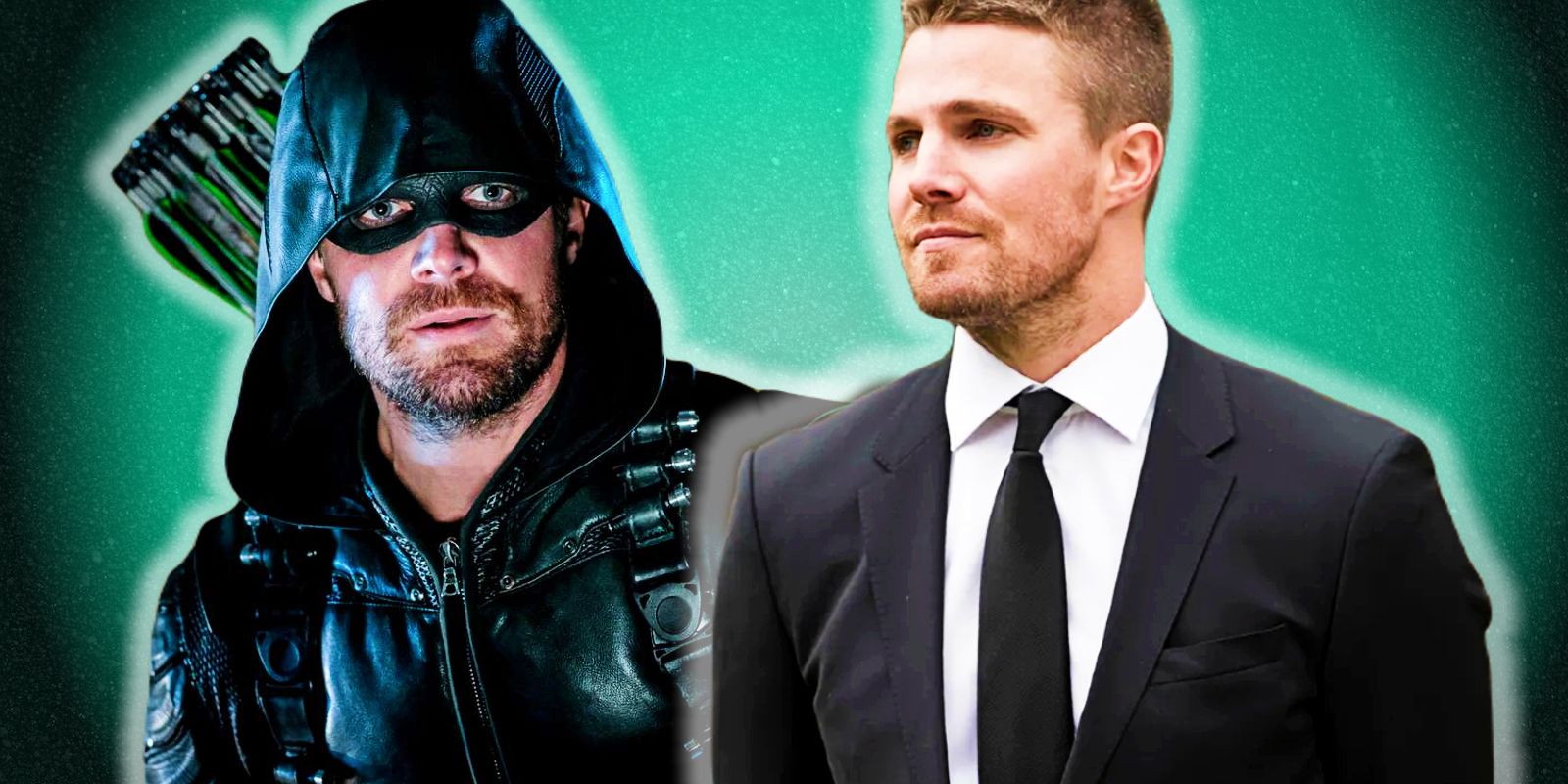This custom image shows Stephen Amell in his Arrow costume next to him in a suit and tie.