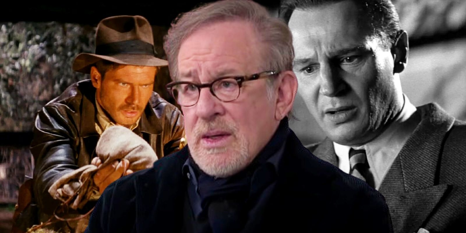 Steven Spielberg flanked by Harrison Ford as Indiana Jones and Liam Neeson as Oskar Schindler