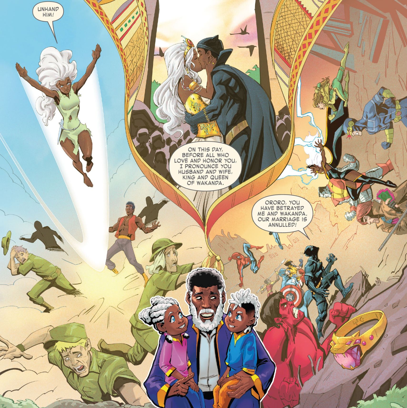 Left: Storm, in a ragged shift, plows through a crowd of soldiers harassing a young T’challa. Top, Center: Storm and T’challa embrace in a passionate kiss, celebrating their marriage. Top, Right: the Avengers battle the X-Men as T’challa declares his marriage with Storm annulled. Bottom, center: T’challa, an old man, holds a girl in a pink shirt and a boy in a blue shirt in his lap.