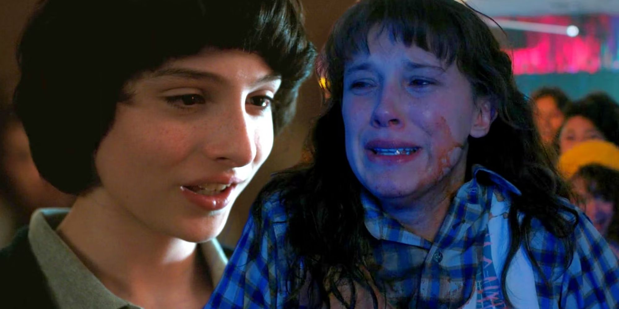Finn Wolfhard as Mike Looking Down and Millie Bobby Brown as Eleven Looking Upset in Stranger Things