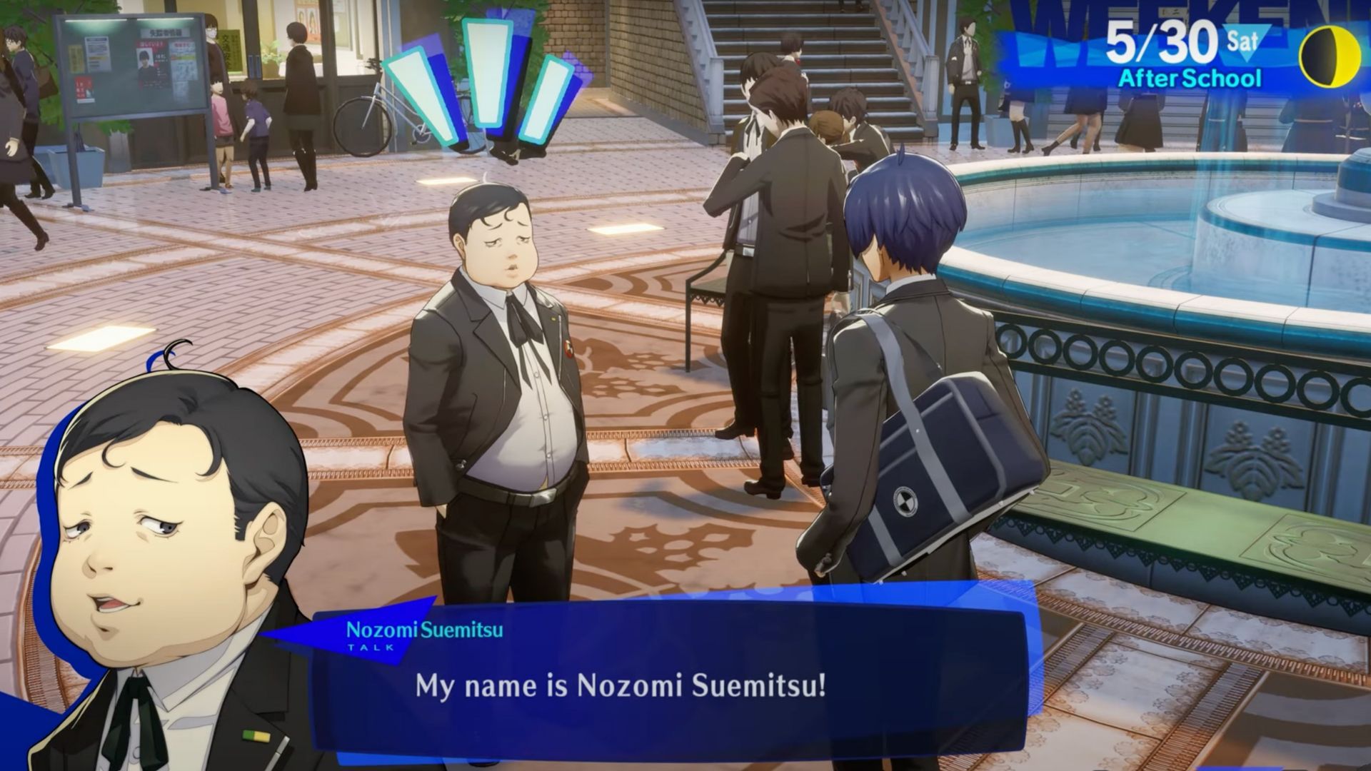 Suemitsu speaking with Makoto in Persona 3 Reload next to a fountain