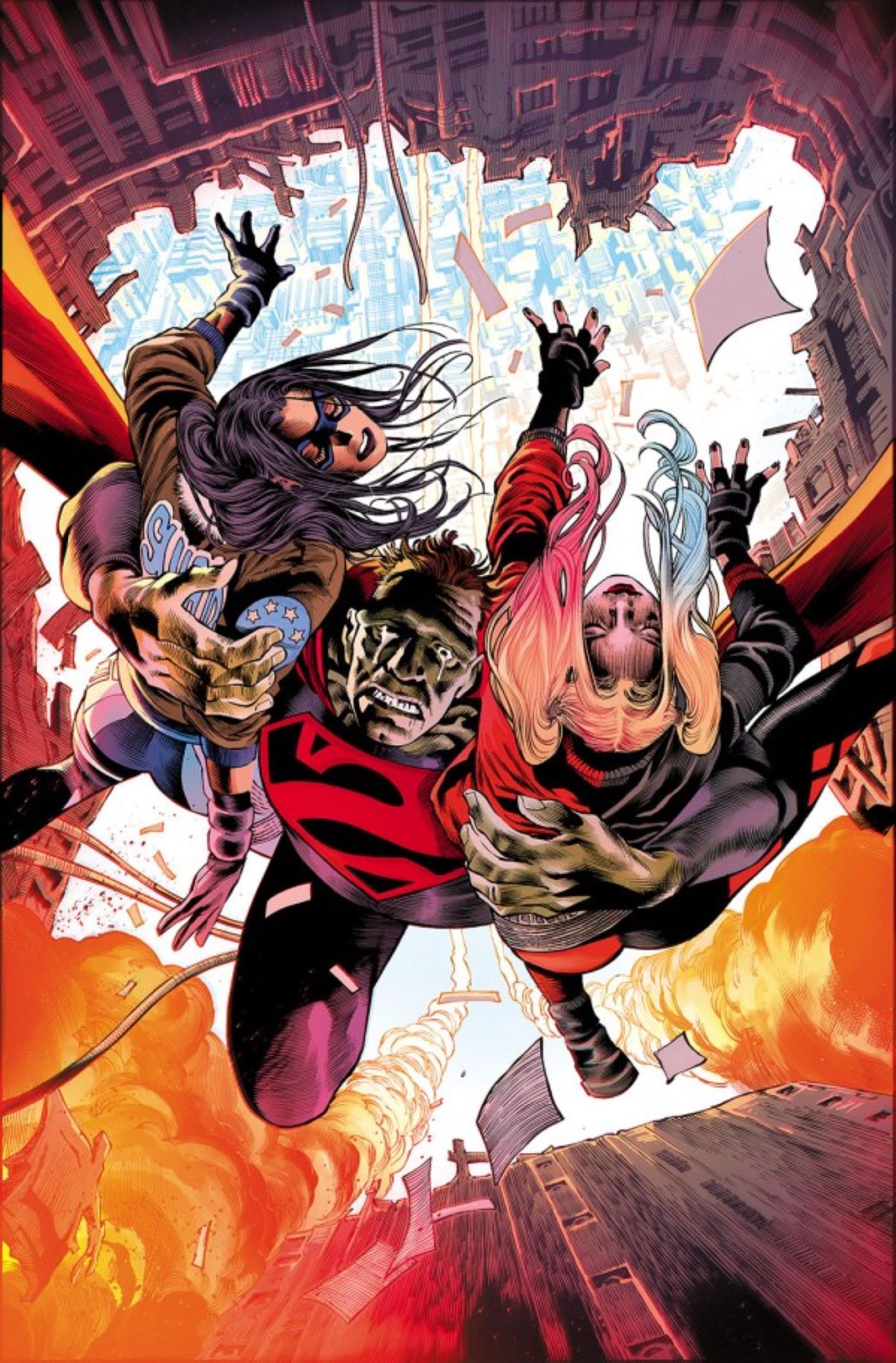 Suicide Squad Dream Team featuring Bizarro flying with Harley and Dreamer in his arms