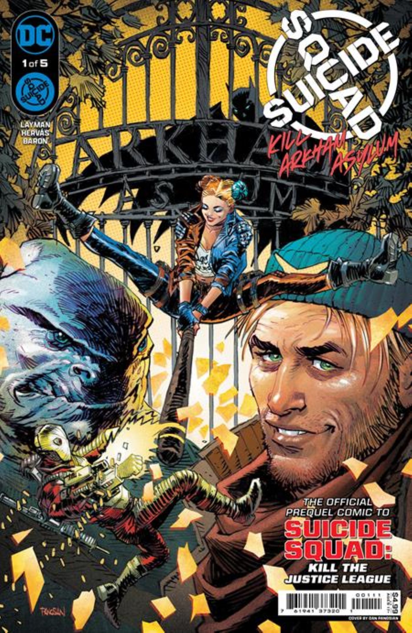 Capa do Esquadrão Suicida Kill Arkham Asylum #1 com Harley Quinn, Capitão Bumerangue, Pistoleiro e Tubarão Rei