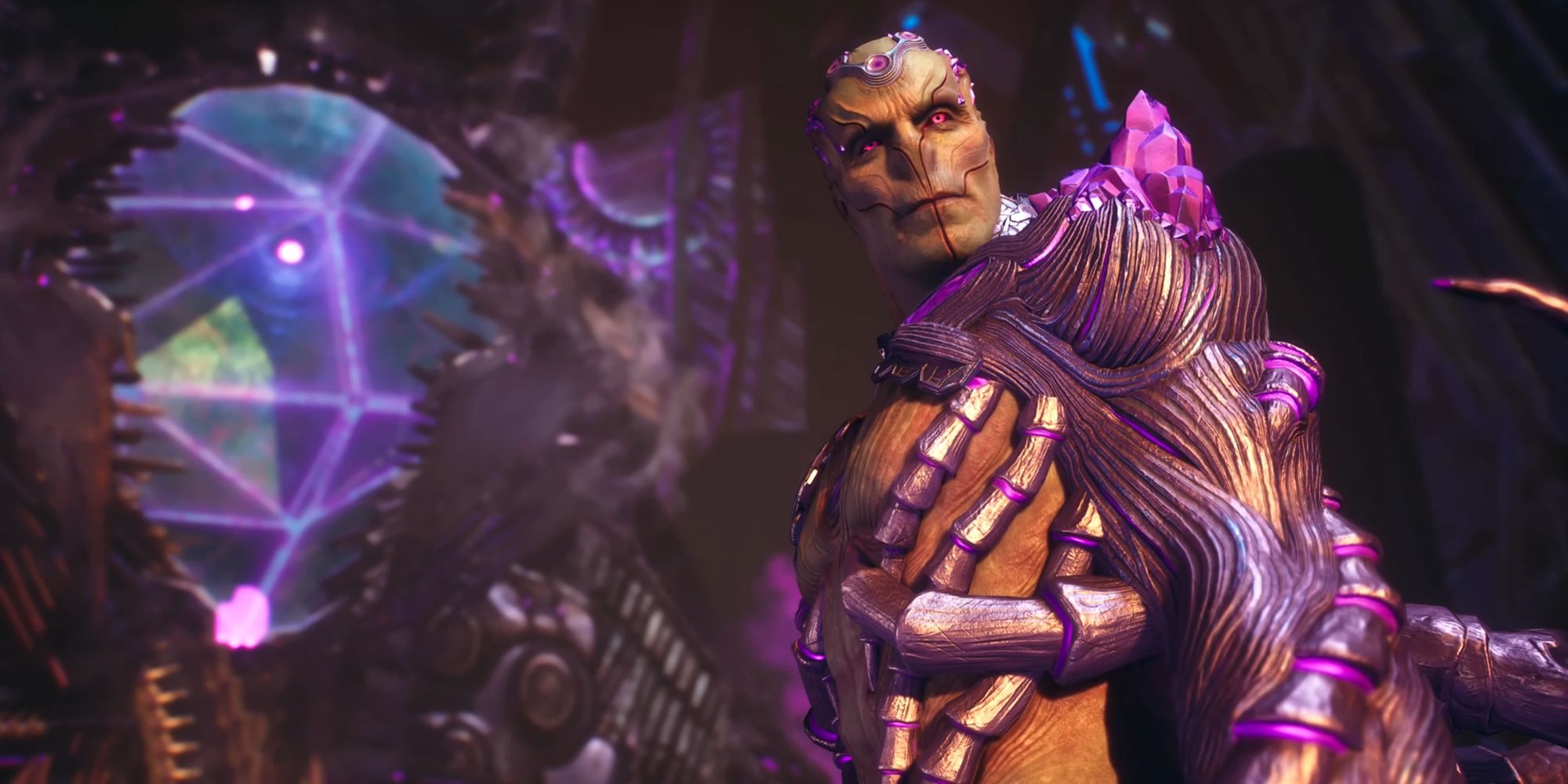 Brainiac aboard Skull ship, with a glowing device behind him