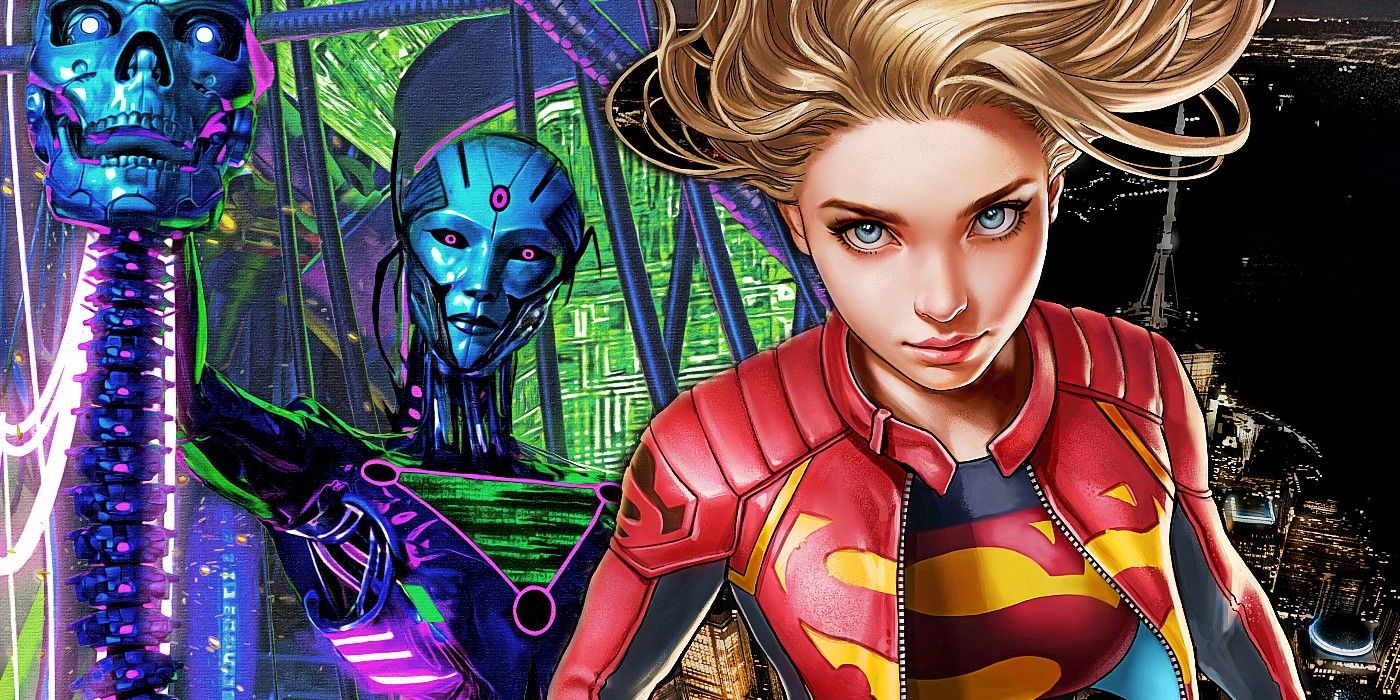 Comic book art: Supergirl flies in front of a robotic look villain called Brainiac Queen.